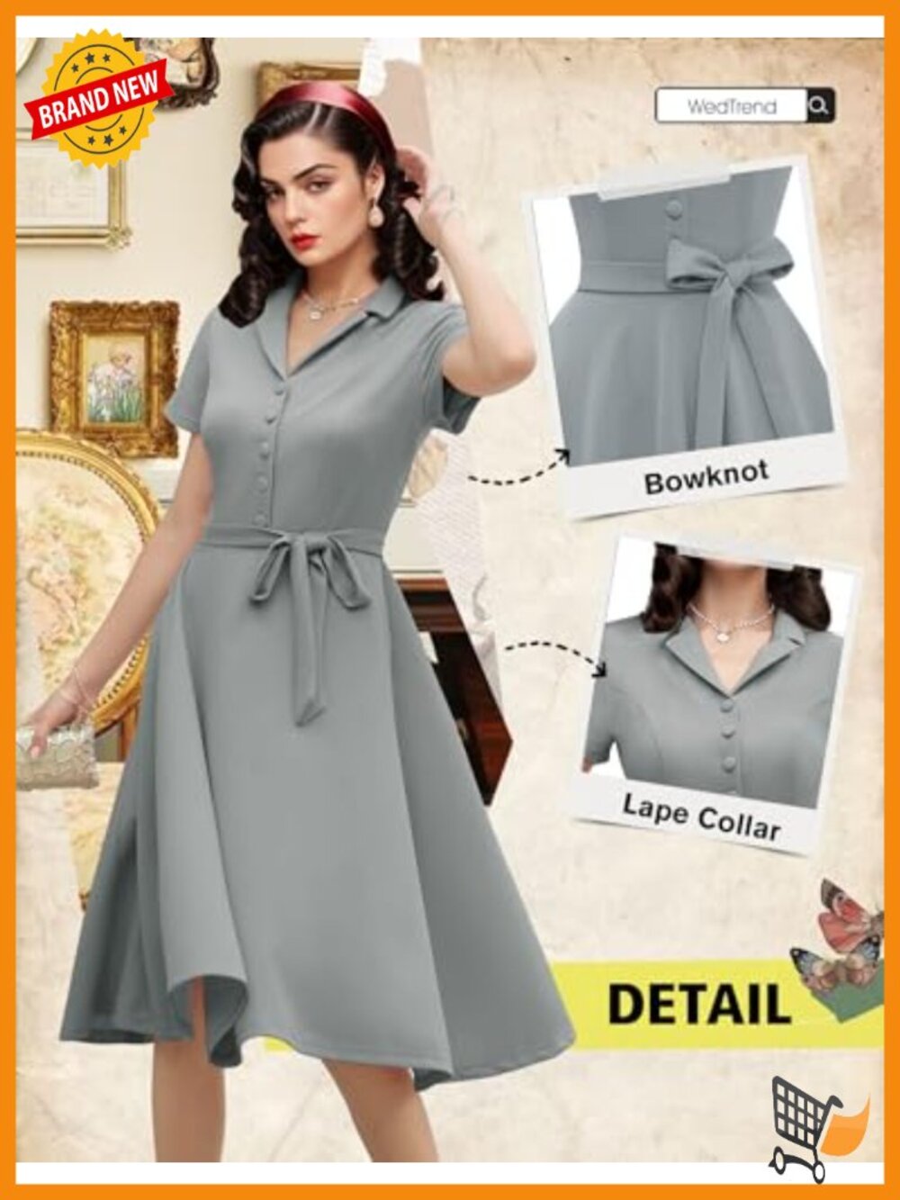 Vintage Tea Dress Short Sleeve Cocktail Party Dress A-Line Swing Dress - Picture 3 of 6